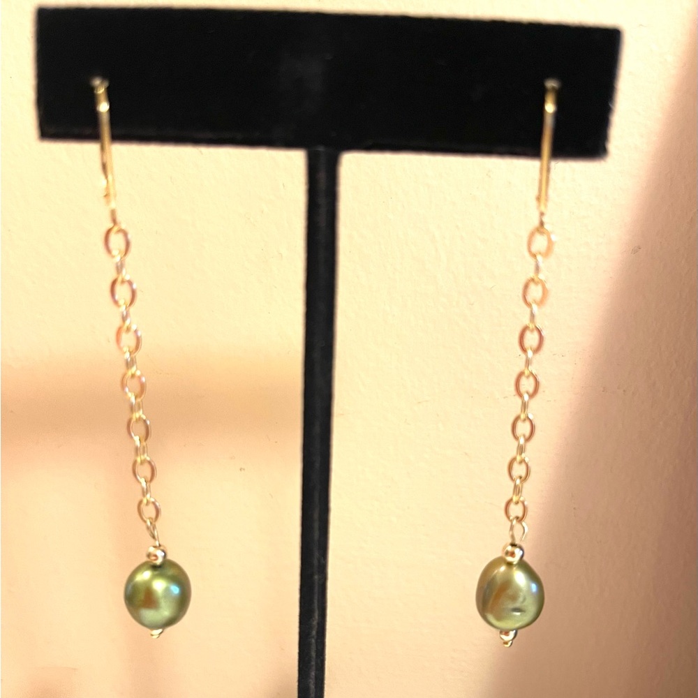 Elegant Gold Chain Earrings with Green Pearls